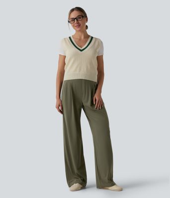 High Waisted Straight Leg Work Trousers with Pockets