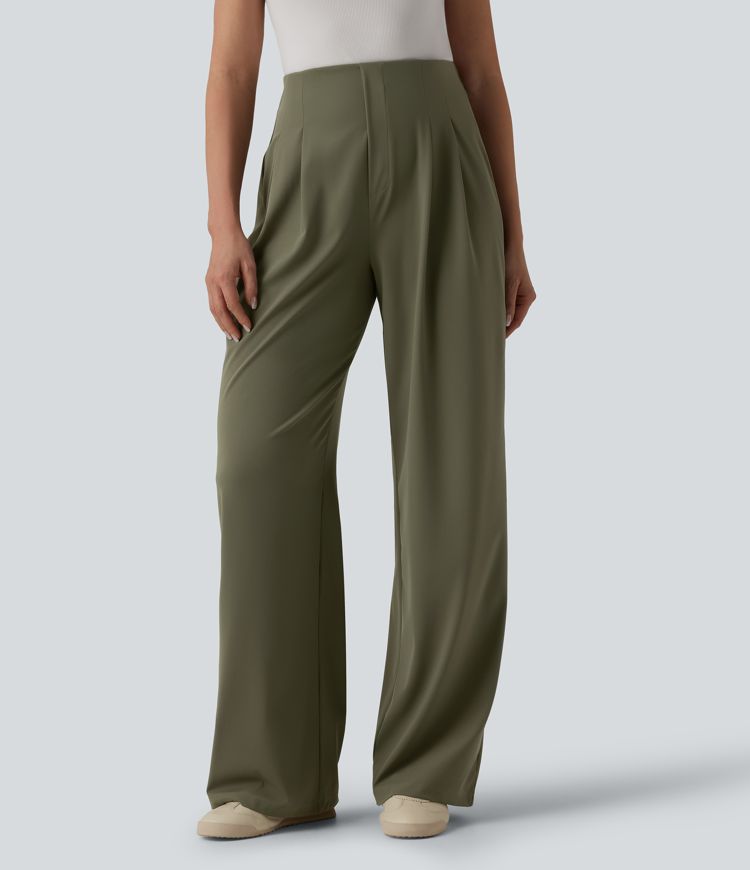High Waisted Straight Leg Work Trousers with Pockets