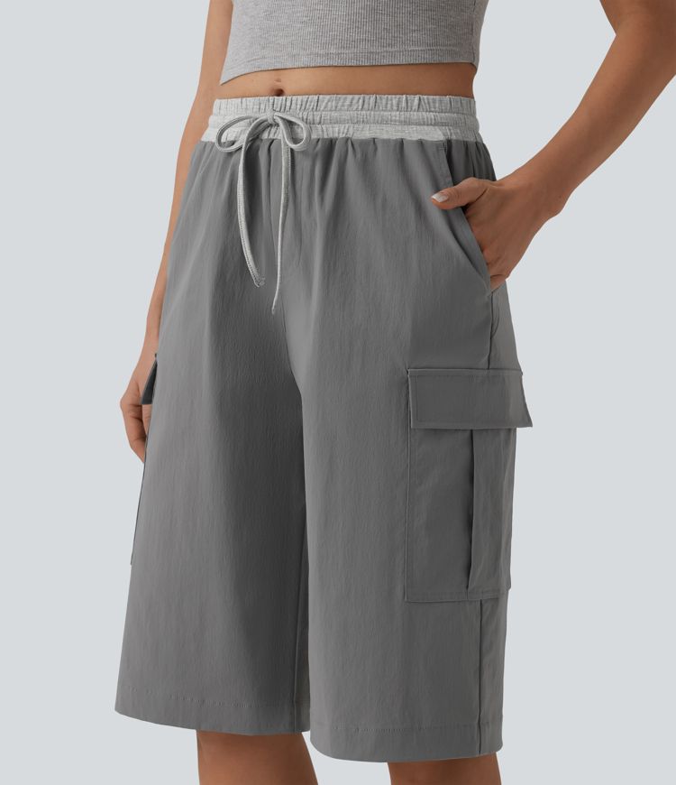 Mid Rise Drawstring Color Block Casual Pedal Pusher Pants with Pockets