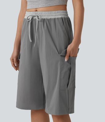 Mid Rise Drawstring Color Block Casual Pedal Pusher Pants with Pockets