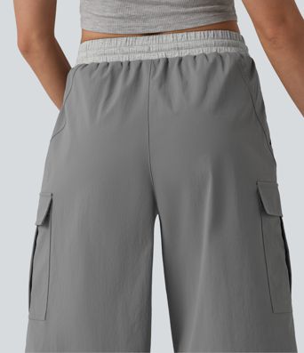 Mid Rise Drawstring Color Block Casual Pedal Pusher Pants with Pockets