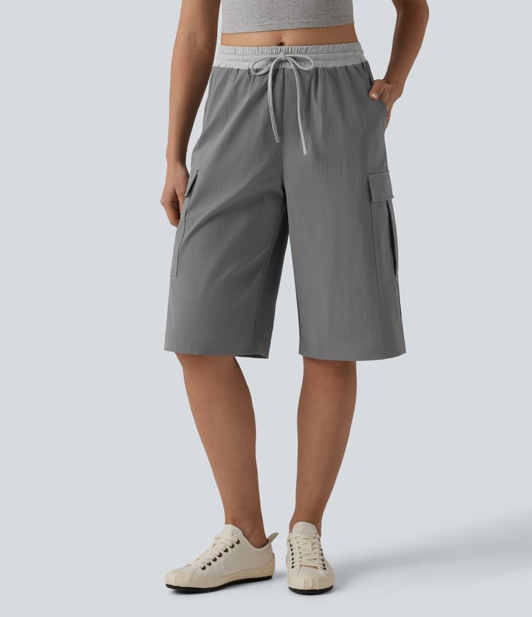 Mid Rise Drawstring Color Block Casual Pedal Pusher Pants with Pockets