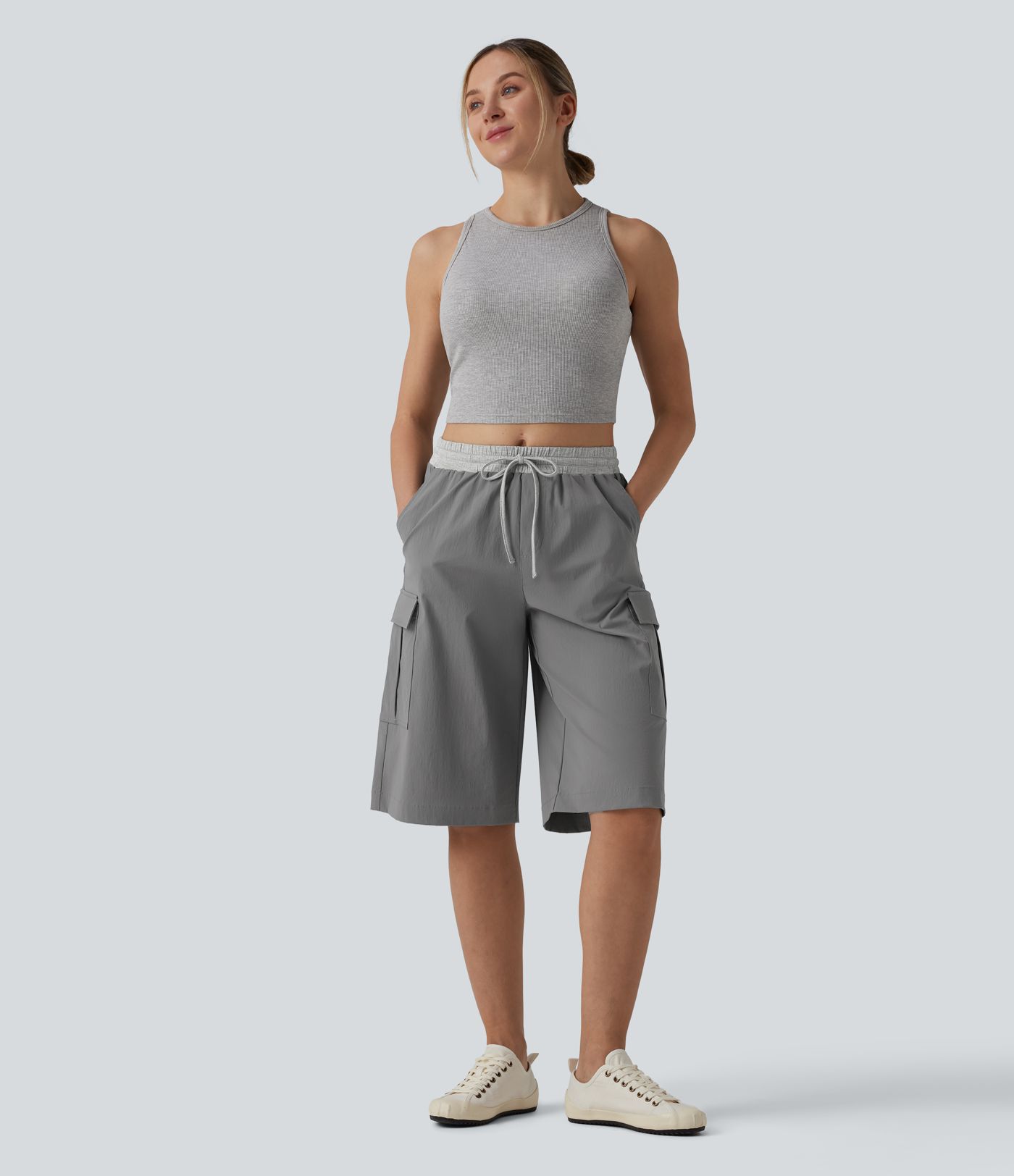 Mid Rise Drawstring Color Block Casual Pedal Pusher Pants with Pockets