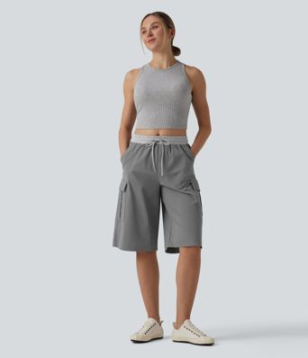 Mid Rise Drawstring Color Block Casual Pedal Pusher Pants with Pockets