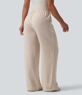 High Waisted Drawstring Wide Leg Stripe Casual Linen-Feel Trousers with Pockets