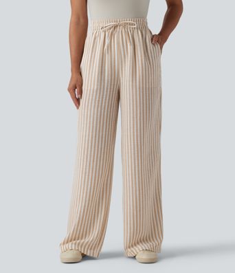 High Waisted Drawstring Wide Leg Stripe Casual Linen-Feel Trousers with Pockets