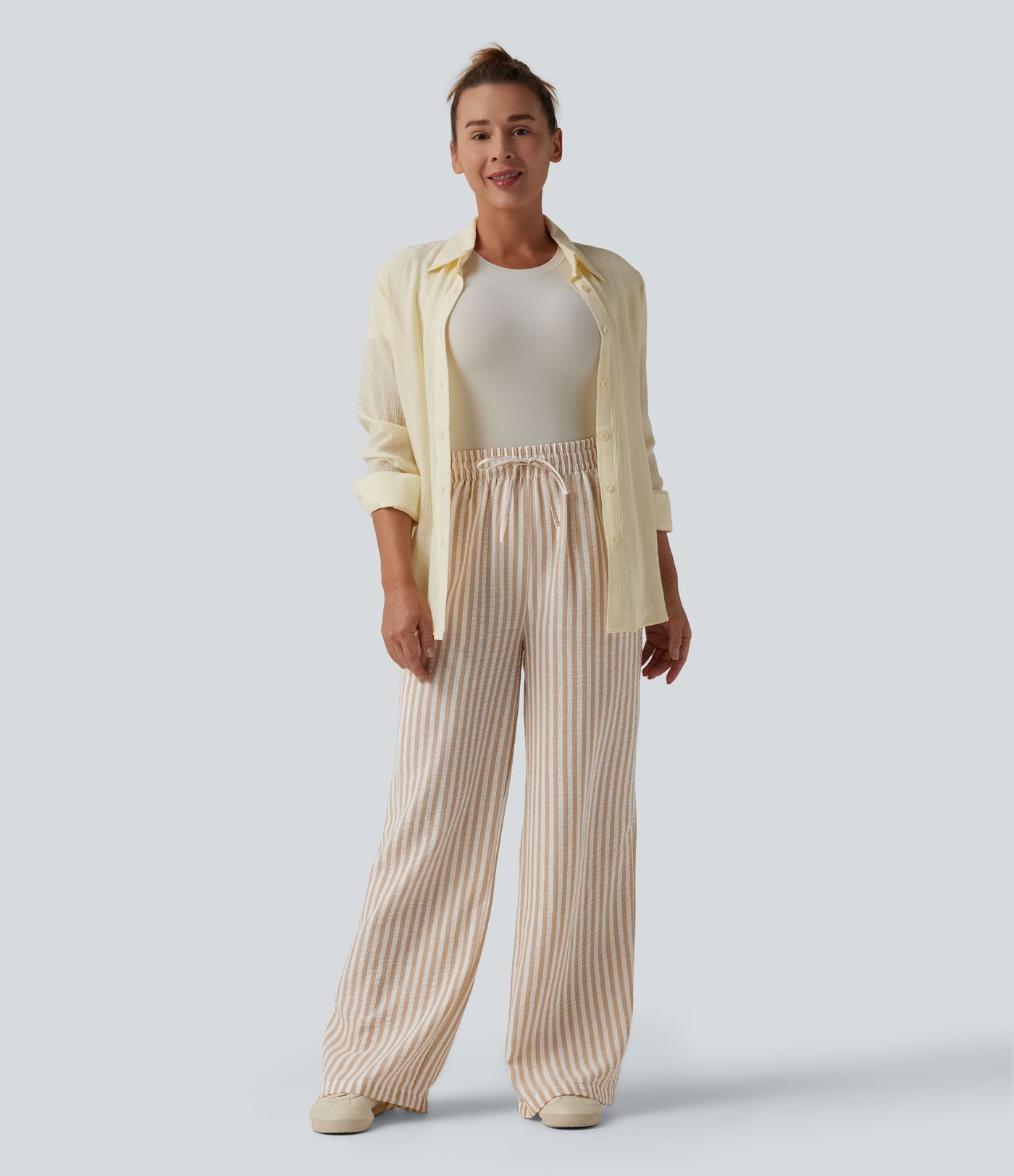 High Waisted Drawstring Wide Leg Stripe Casual Linen-Feel Trousers with Pockets