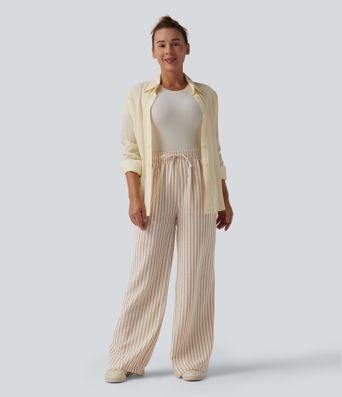 High Waisted Drawstring Wide Leg Stripe Casual Linen-Feel Trousers with Pockets