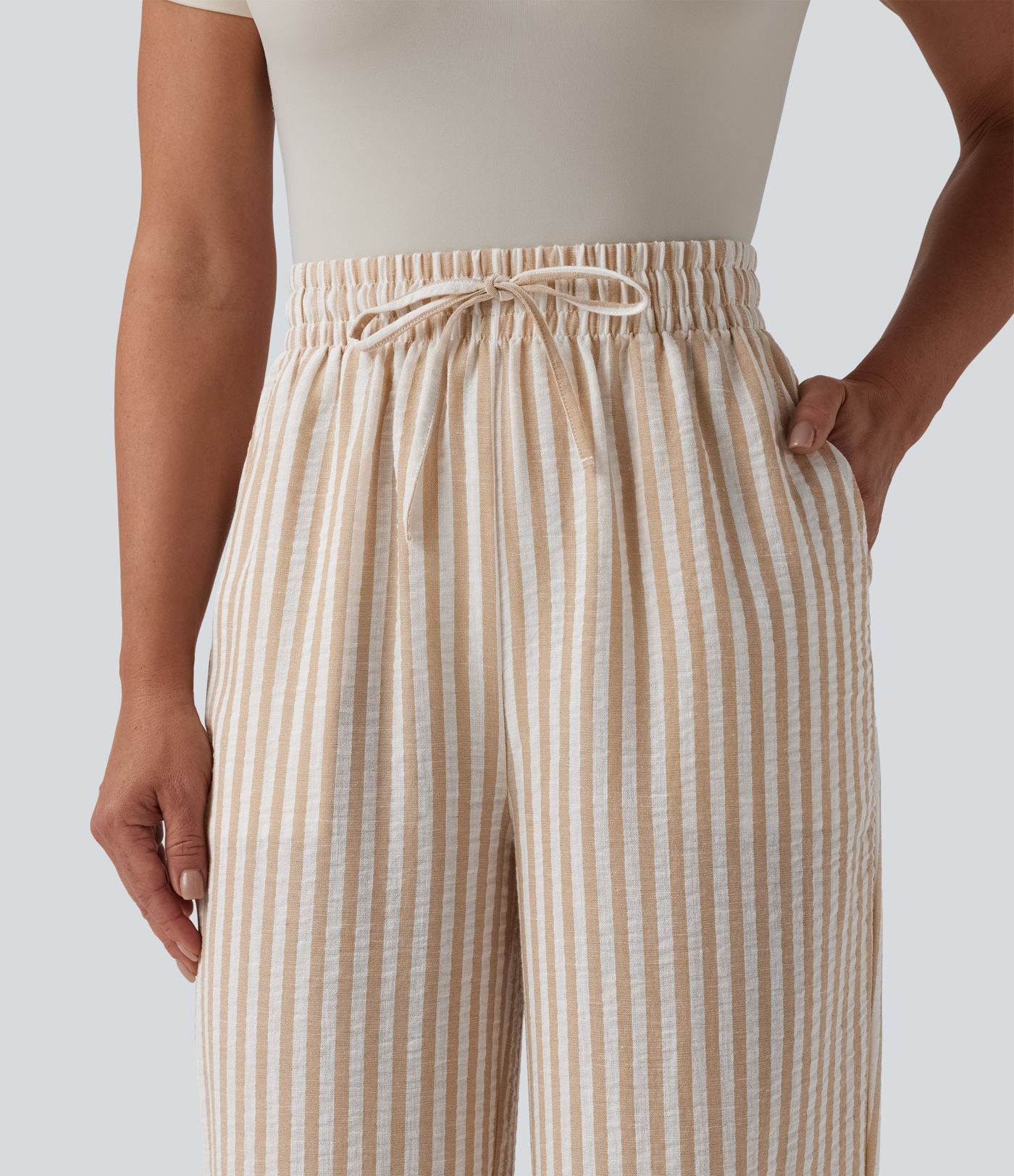 High Waisted Drawstring Wide Leg Stripe Casual Linen-Feel Trousers with Pockets