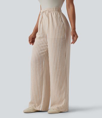 High Waisted Drawstring Wide Leg Stripe Casual Linen-Feel Trousers with Pockets