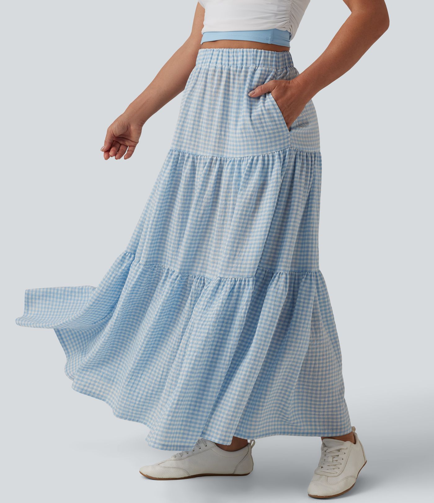 High Waisted Plaid Maxi Casual Linen-Feel Skirt