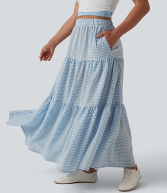 High Waisted Plaid Maxi Casual Linen-Feel Skirt