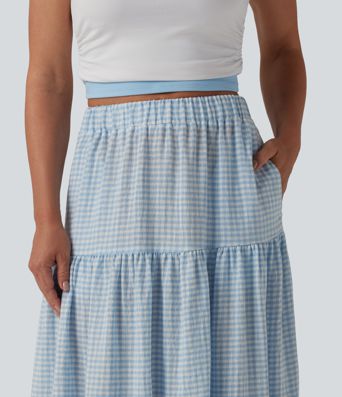 High Waisted Plaid Maxi Casual Linen-Feel Skirt