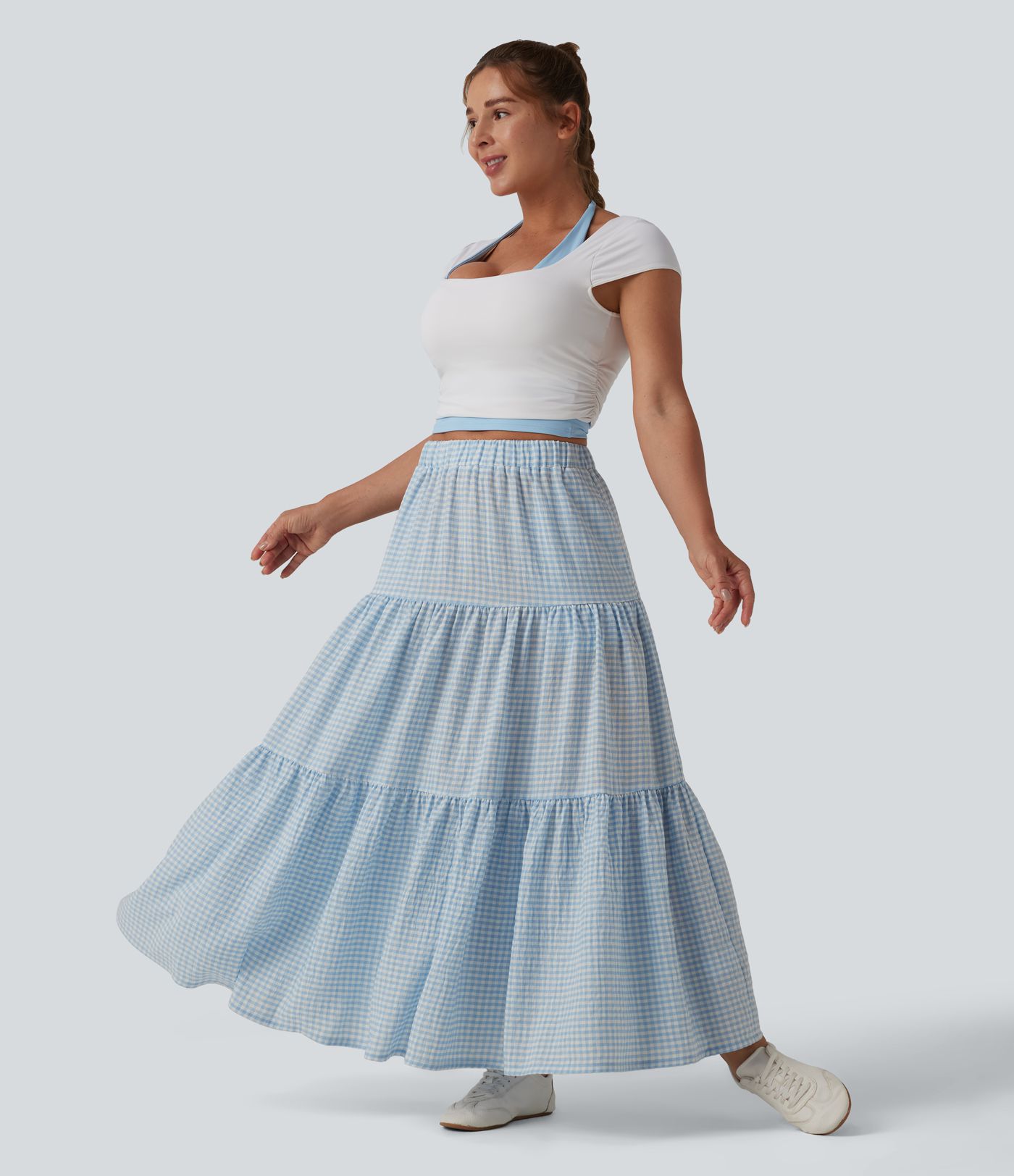 High Waisted Plaid Maxi Casual Linen-Feel Skirt