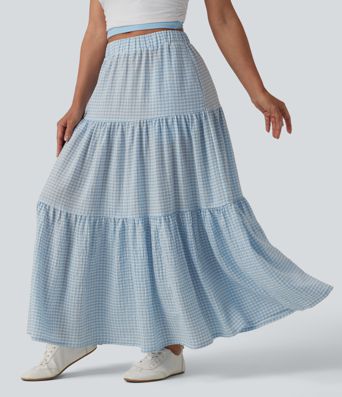 High Waisted Plaid Maxi Casual Linen-Feel Skirt