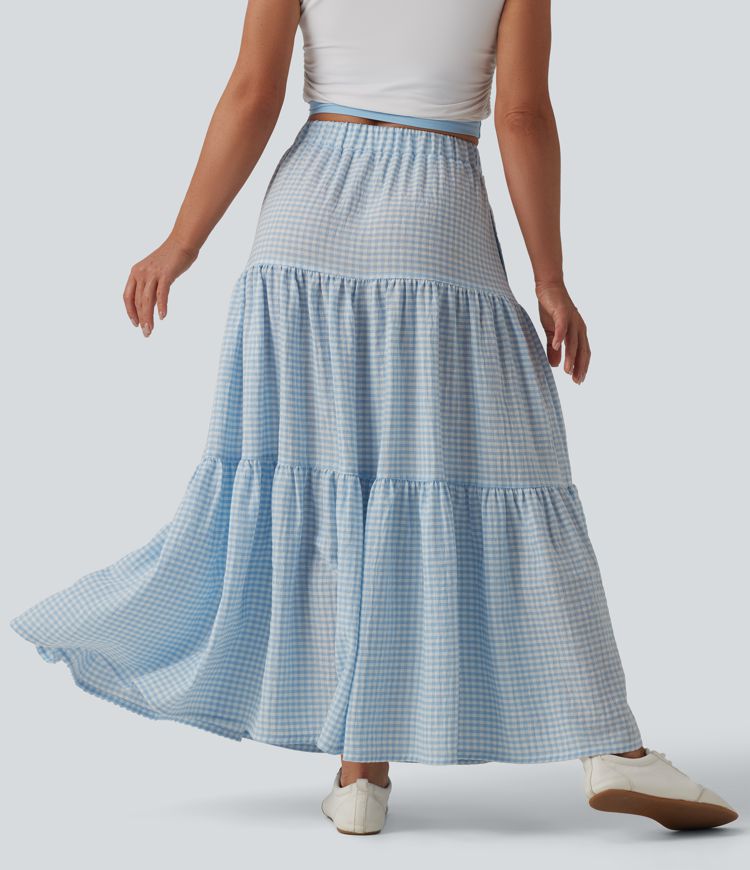 High Waisted Plaid Maxi Casual Linen-Feel Skirt