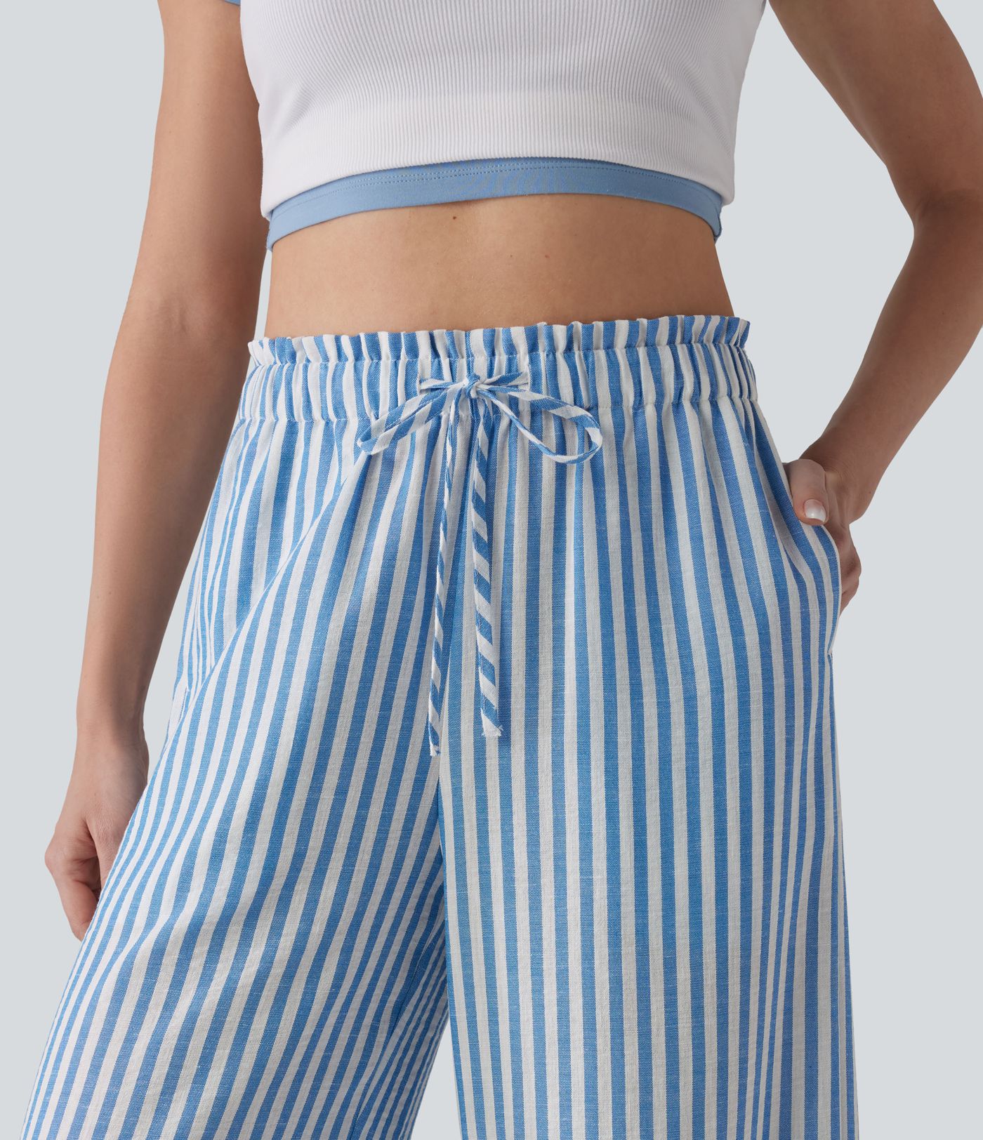 Pantalones de tiro alto con cordón, pernera ancha a rayas, de tacto lino y con bolsillos