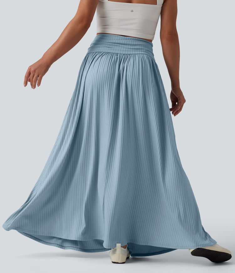 Ribbed Knit High Waisted Flowy Maxi Casual Skirt