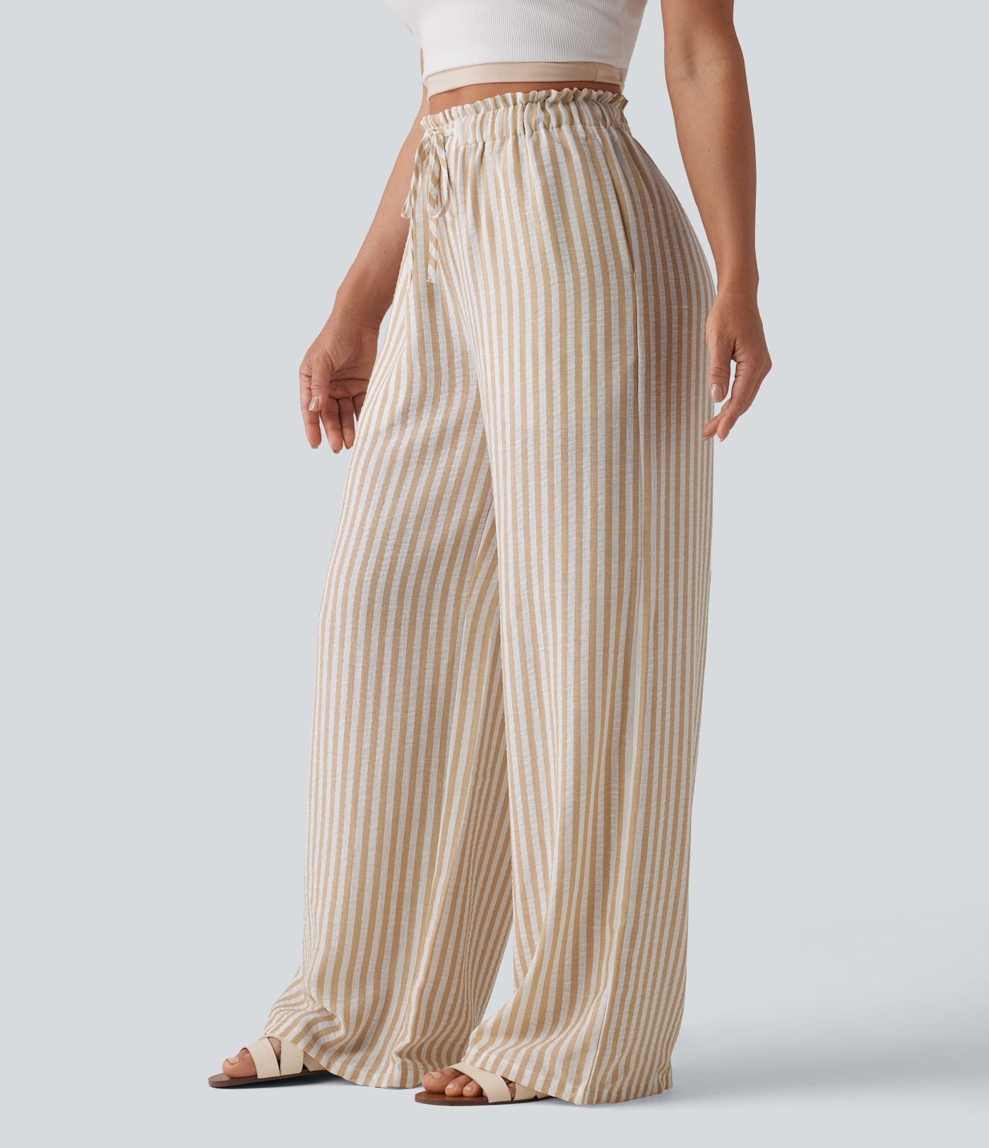 High Waisted Drawstring Wide Leg Stripe Casual Linen-Feel Pants with Pockets