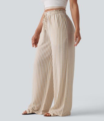 High Waisted Drawstring Wide Leg Stripe Casual Linen-Feel Pants with Pockets
