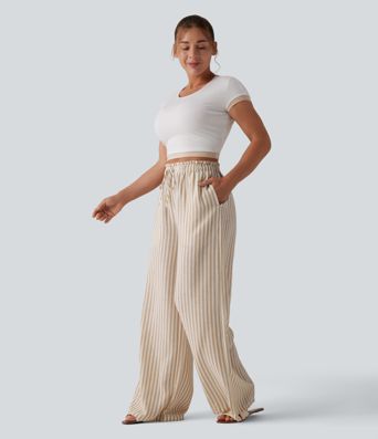 High Waisted Drawstring Wide Leg Stripe Casual Linen-Feel Pants with Pockets