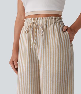 High Waisted Drawstring Wide Leg Stripe Casual Linen-Feel Pants with Pockets