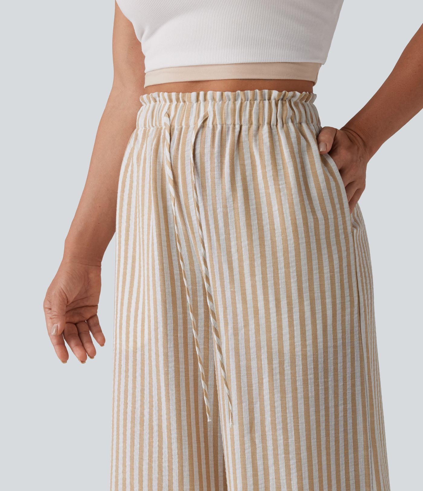 High Waisted Drawstring Wide Leg Stripe Casual Linen-Feel Pants with Pockets
