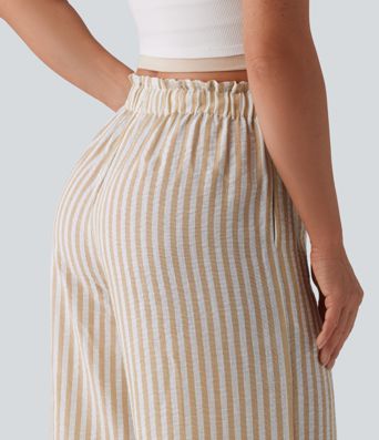 High Waisted Drawstring Wide Leg Stripe Casual Linen-Feel Pants with Pockets