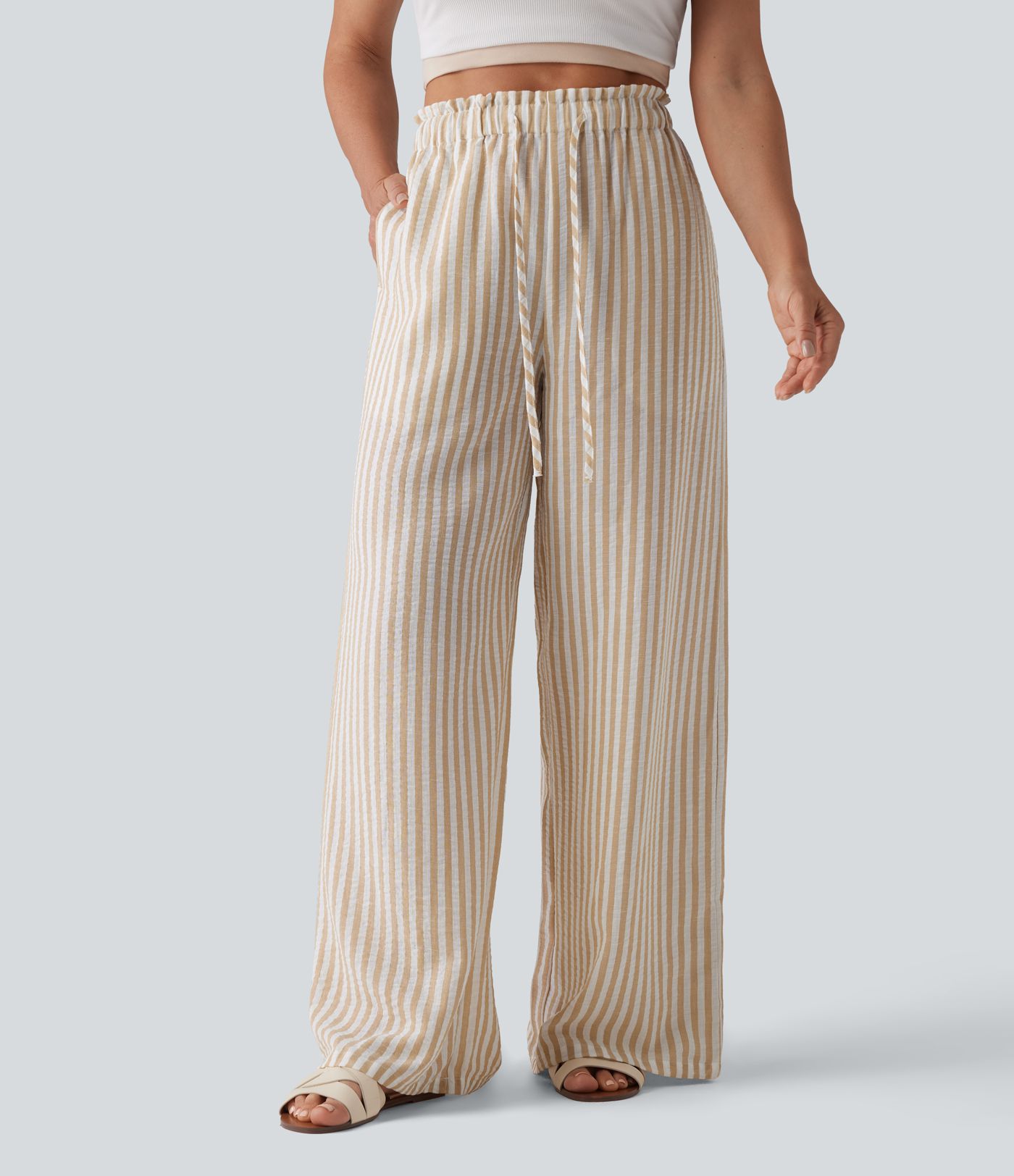 High Waisted Drawstring Wide Leg Stripe Casual Linen-Feel Pants with Pockets
