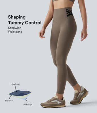 Halara UltraSculpt™ leggings de entrenamiento de talle alto moldeadores con control abdominal, banda cruzada estilo vendaje y bolsillos
