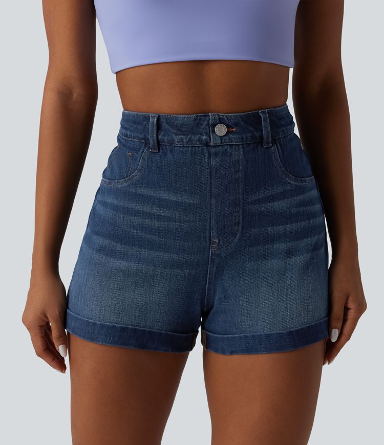Halara Flex™ - Lässige Jeans-Shorts mit hohem Bund, mehreren Taschen, Bauchkontrolle und gerolltem Saum