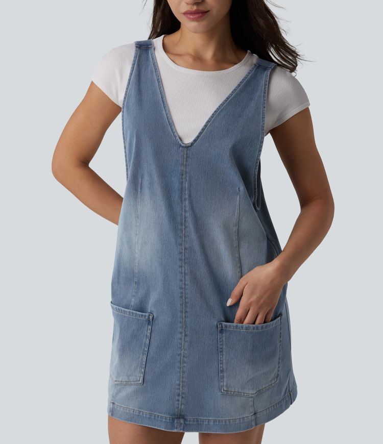 Halara Flex™ V Neck Washed Denim Mini Casual Dress with Pockets