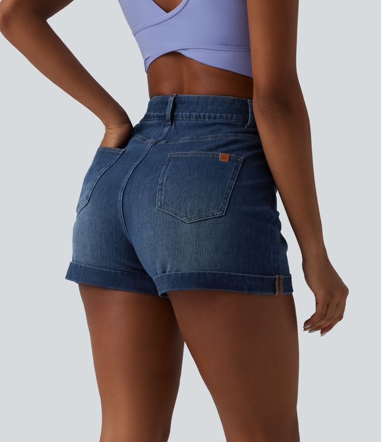 Halara Flex™ - Lässige Jeans-Shorts mit hohem Bund, mehreren Taschen, Bauchkontrolle und gerolltem Saum