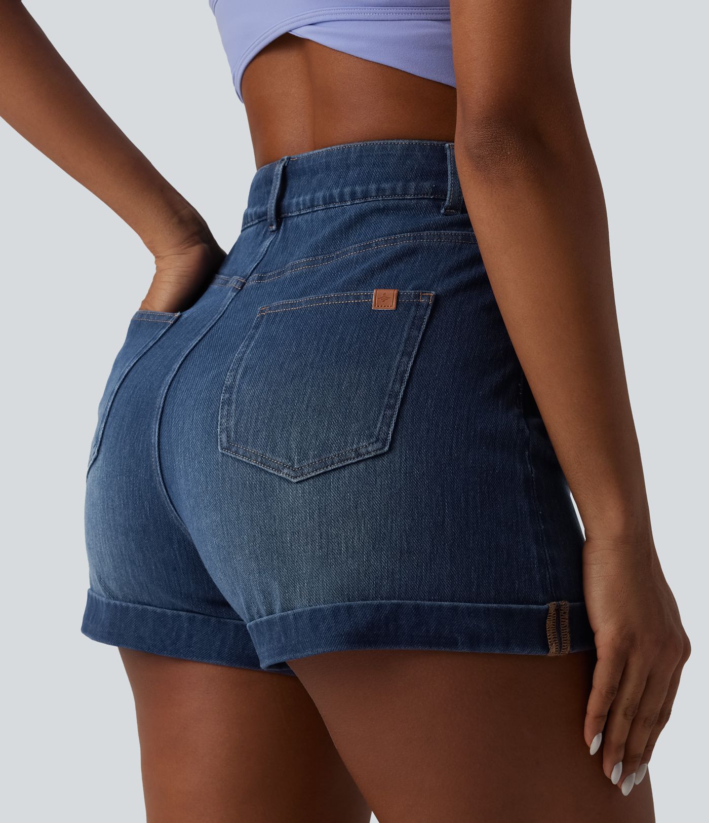Halara Flex™ - Lässige Jeans-Shorts mit hohem Bund, mehreren Taschen, Bauchkontrolle und gerolltem Saum
