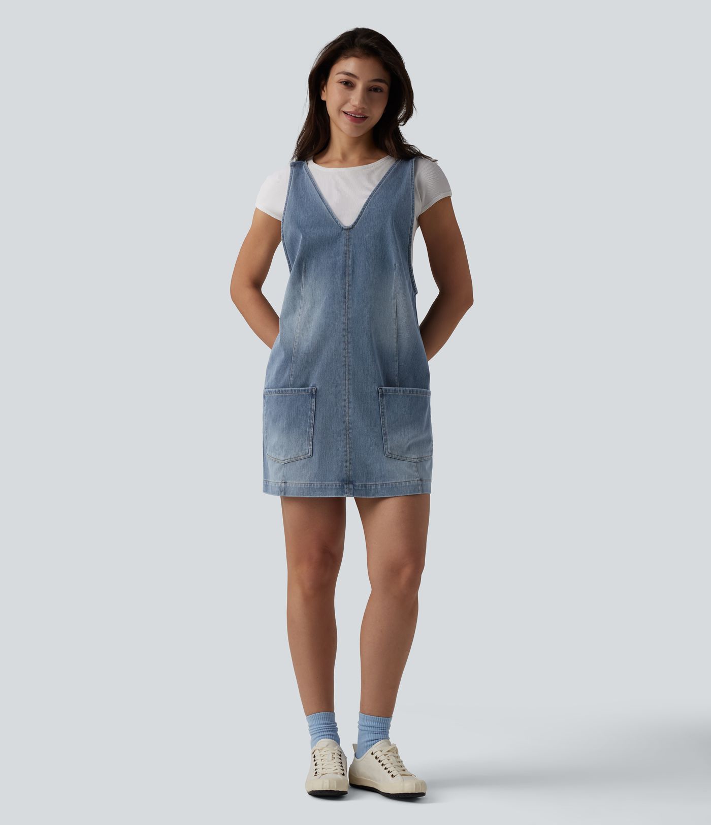 Halara Flex™ V Neck Washed Denim Mini Casual Dress with Pockets