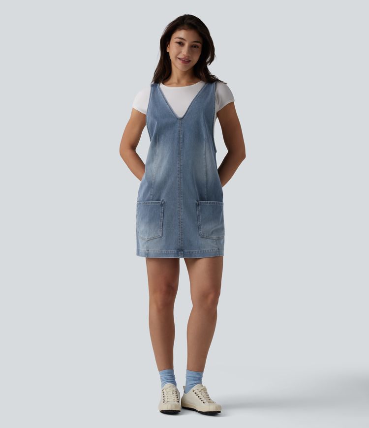 Halara Flex™ V Neck Washed Denim Mini Casual Dress with Pockets