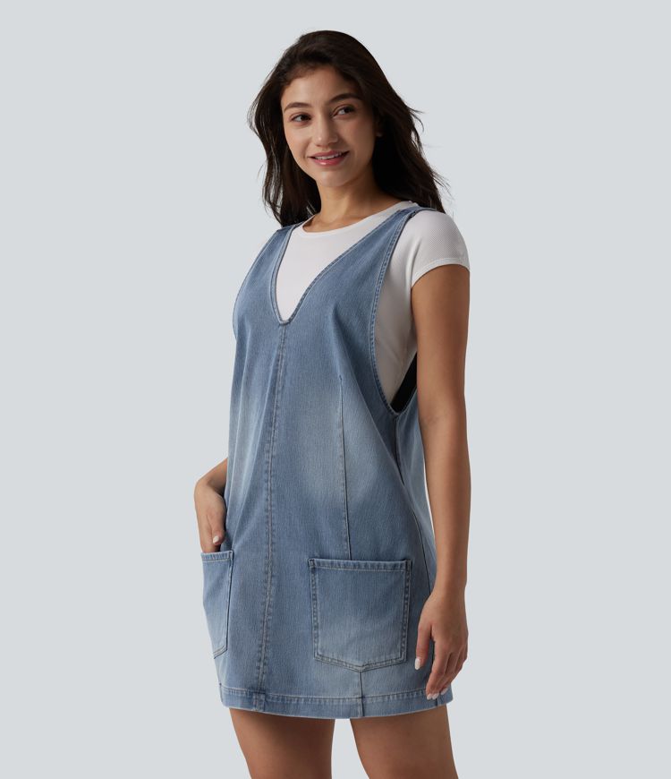 Halara Flex™ V Neck Washed Denim Mini Casual Dress with Pockets
