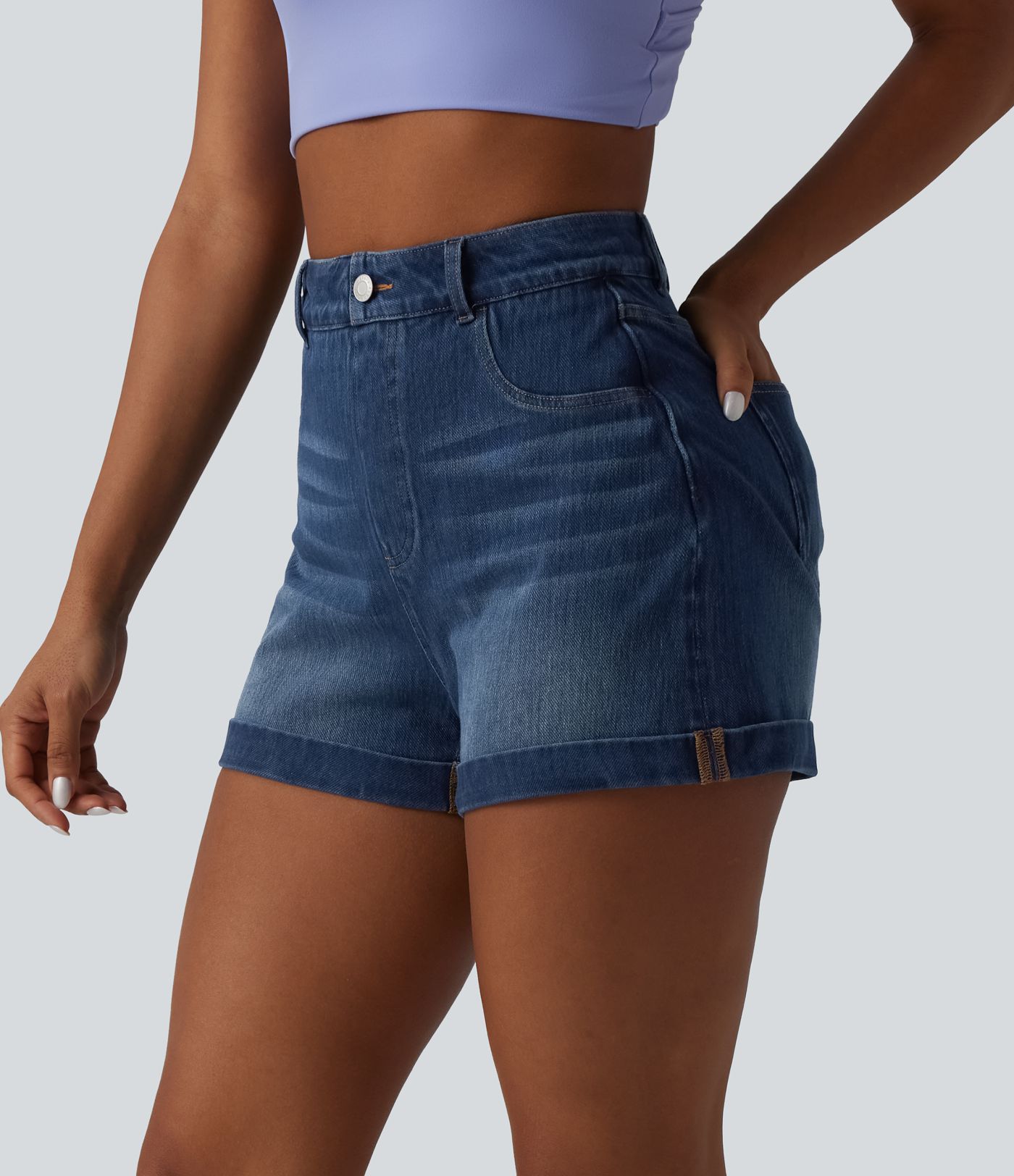 Halara Flex™ - Lässige Jeans-Shorts mit hohem Bund, mehreren Taschen, Bauchkontrolle und gerolltem Saum
