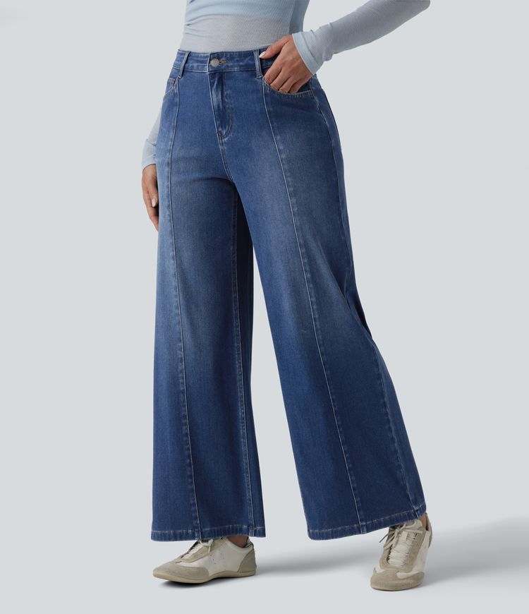 Halara Flex™ Mid Rise Draped Washed Casual Straight Leg Jeans with Pockets