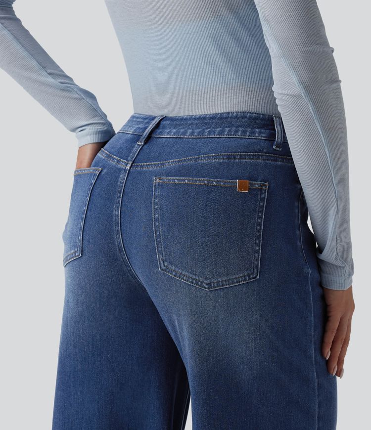 Halara Flex™ Mid Rise Draped Washed Casual Straight Leg Jeans with Pockets