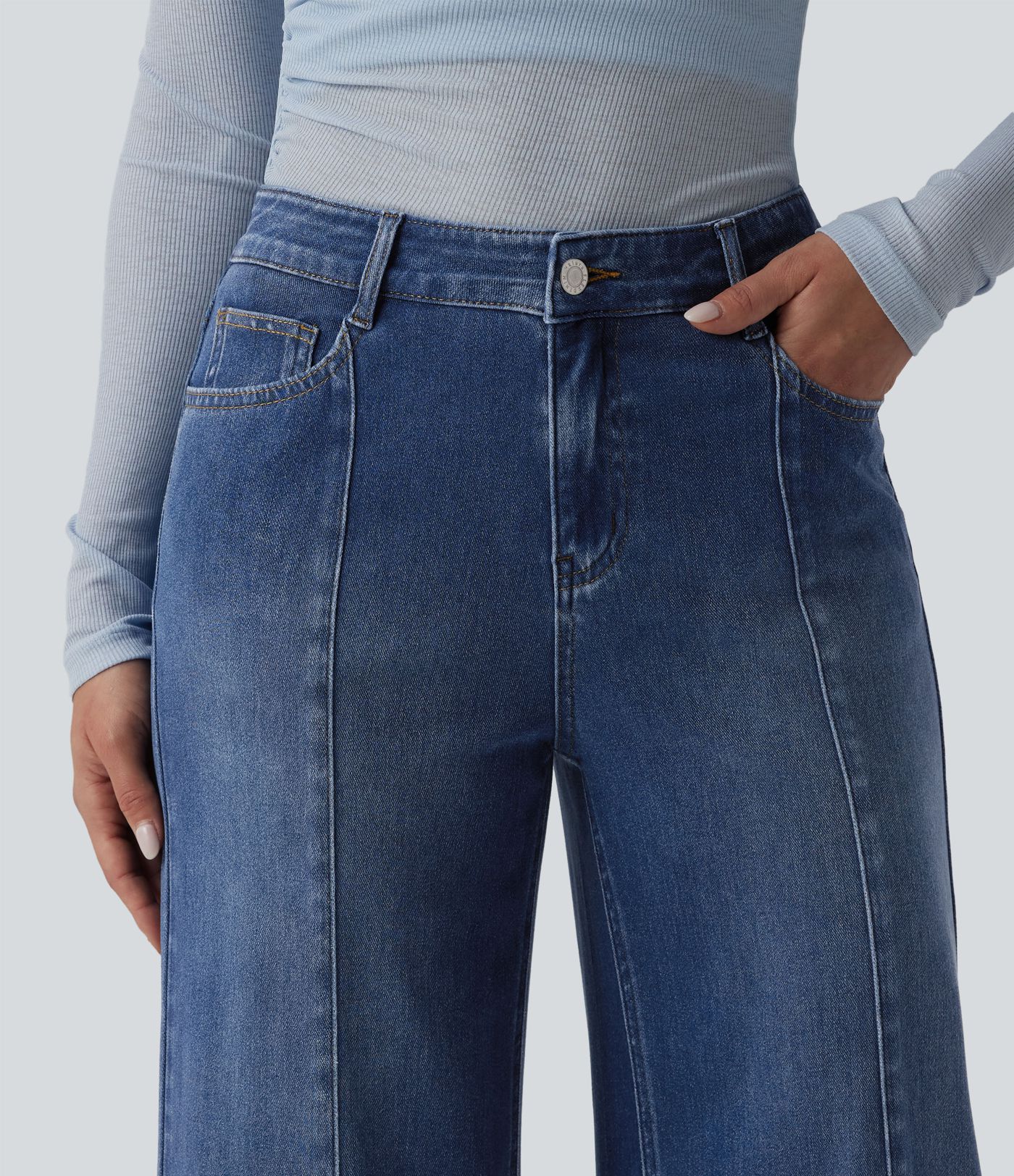 Halara Flex™ Mid Rise Draped Washed Casual Straight Leg Jeans with Pockets