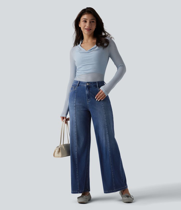 Halara Flex™ Mid Rise Draped Washed Casual Straight Leg Jeans with Pockets