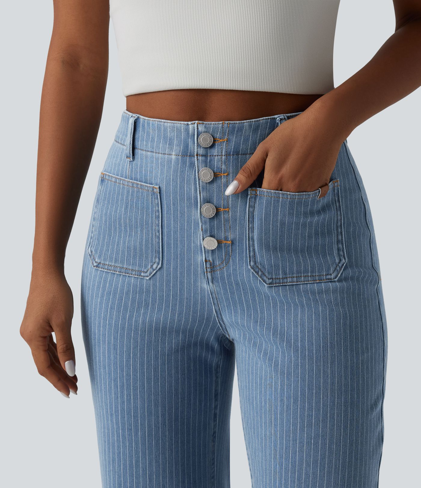 Halara Flex™ High Waisted Stripes Cropped Straight Leg Casual Jeans with Pockets