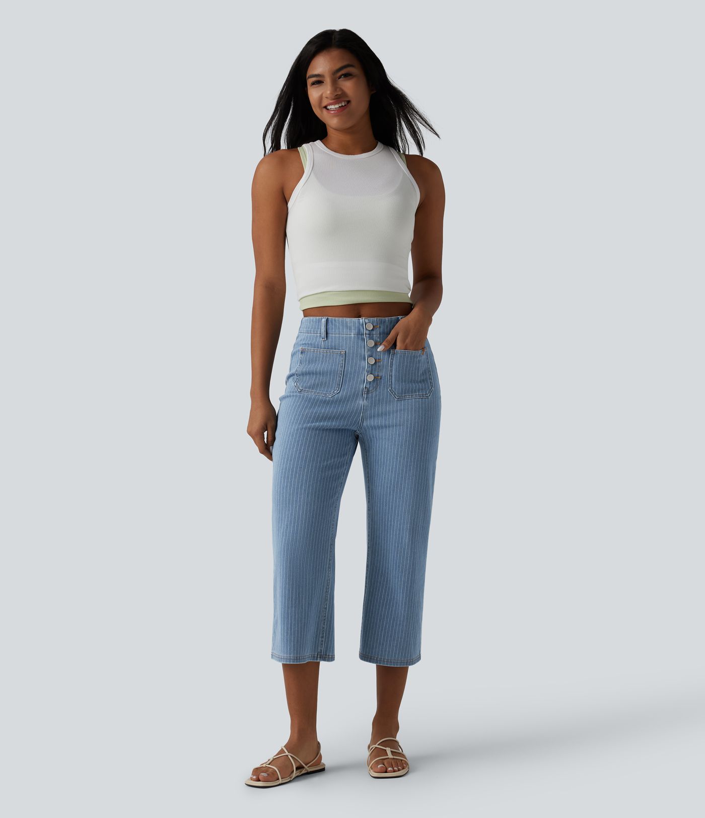 Halara Flex™ High Waisted Stripes Cropped Straight Leg Casual Jeans with Pockets