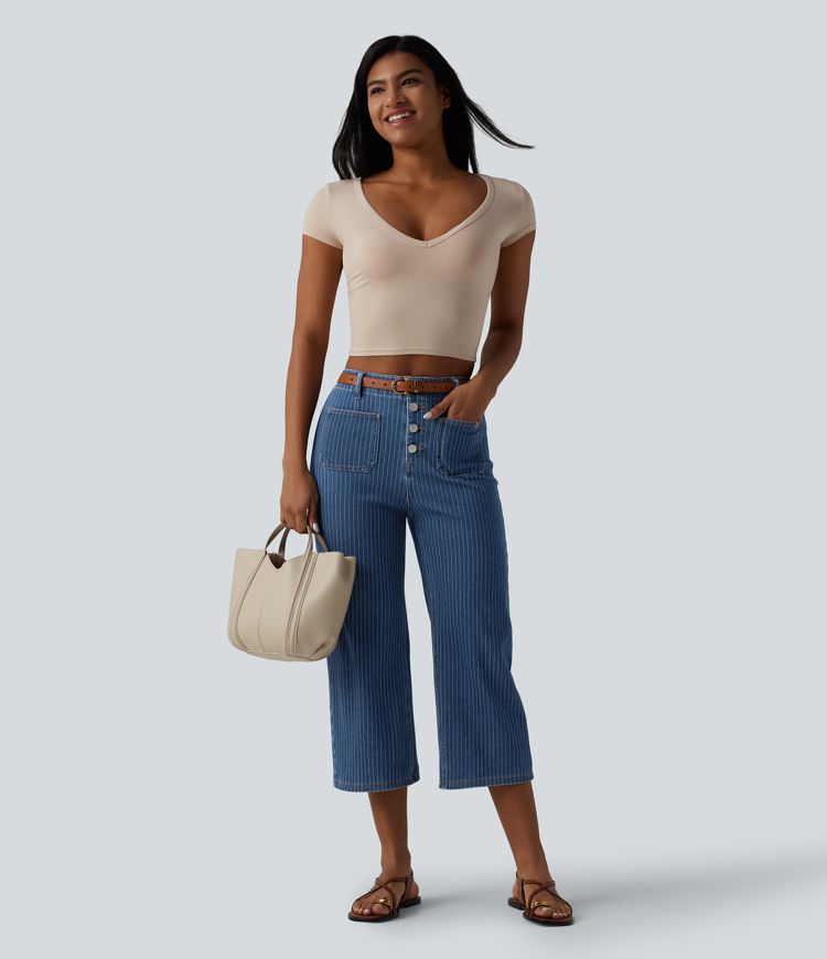 Halara Flex™ High Waisted Stripes Cropped Straight Leg Casual Jeans with Pockets
