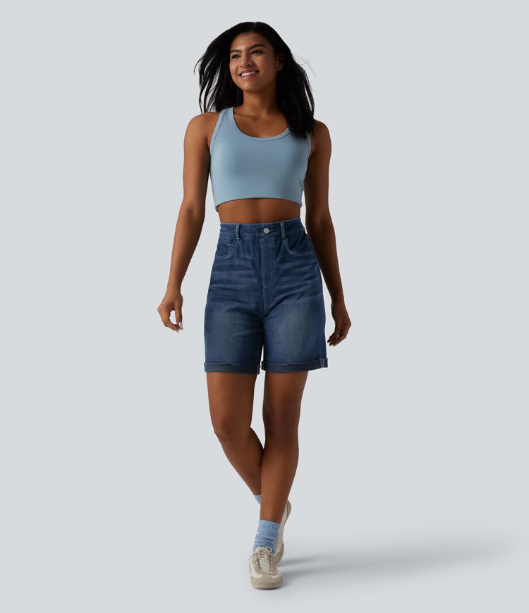 Halara Flex™ High Waisted Tummy Control Rolled Hem Skinny Casual Denim Shorts with Pockets