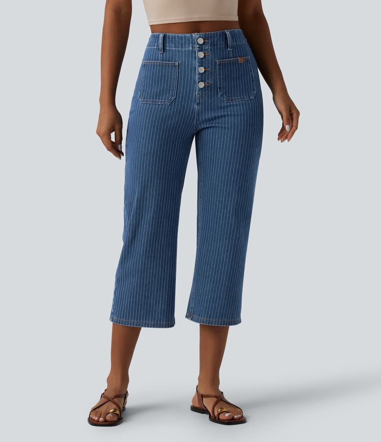 Halara Flex™ High Waisted Stripes Cropped Straight Leg Casual Jeans with Pockets