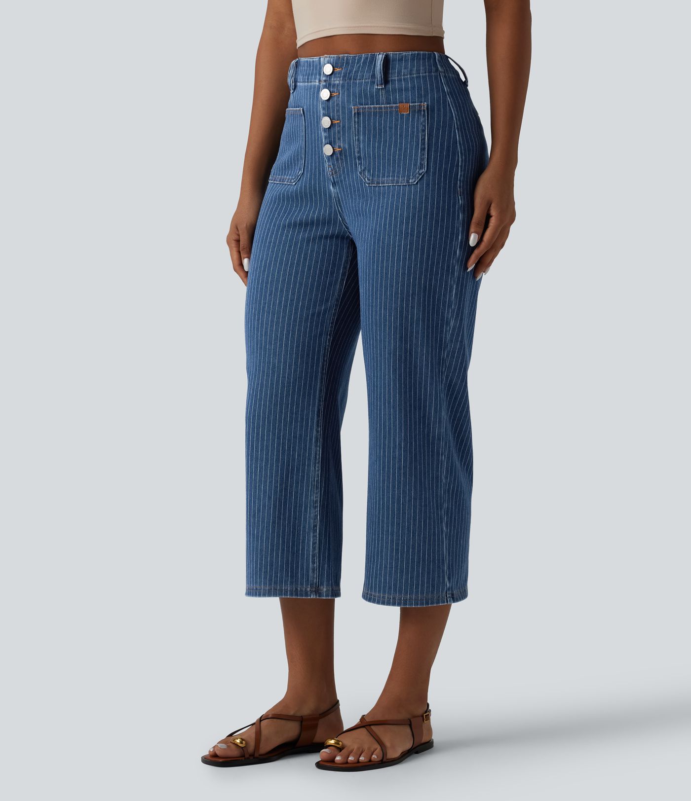 Halara Flex™ High Waisted Stripes Cropped Straight Leg Casual Jeans with Pockets