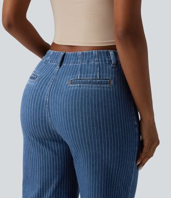 Halara Flex™ High Waisted Stripes Cropped Straight Leg Casual Jeans with Pockets