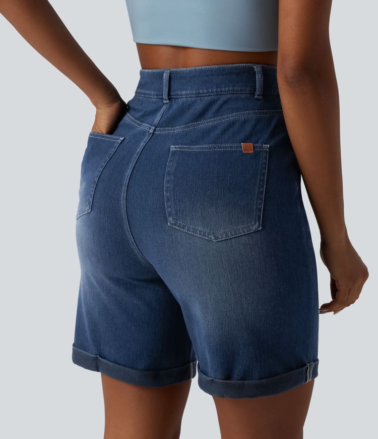 Halara Flex™ High Waisted Tummy Control Rolled Hem Skinny Casual Denim Shorts with Pockets